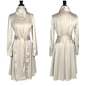 Solezia | Women | Cream Sand Satin Fitted Mid Length Belted Coat | Size XS